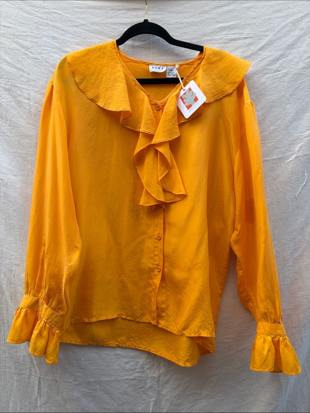 Women's Ruffle Silk Button-Front Blouse in Mustard Yellow